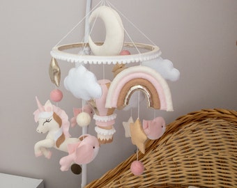 Baby girl pink mobile Unicorn crib mobile Pastel pink sleeping bear mobile Princess nursery decor Baby shower girl gift Hanging cot mobile