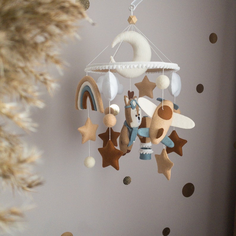 Baby mobile Brown Crib mobile Baby mobile deer Felt mobile Felt bear Baby mobile boy Nursery decor Baby Mobile Brown bear Rainbow Airplane image 4