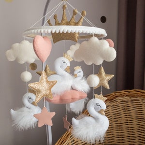 Swan baby mobile for girl with gold stars and beige hearts, Pastel beige mobile for nursery decor, Gift baby mobile for newborn girl Pink
