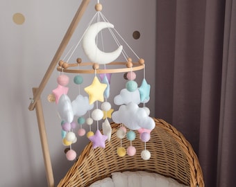 Minimalist Baby Mobile for Girl Сolorful Crib Mobile Wool Balls Mobile Stars and Clouds Mobile