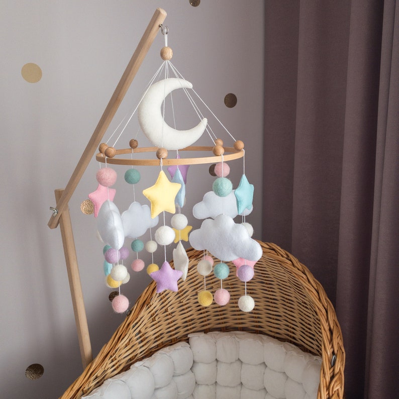 Minimalist Baby Mobile for Girl Сolorful Crib Mobile Wool Balls Mobile Stars and Clouds Mobile image 1