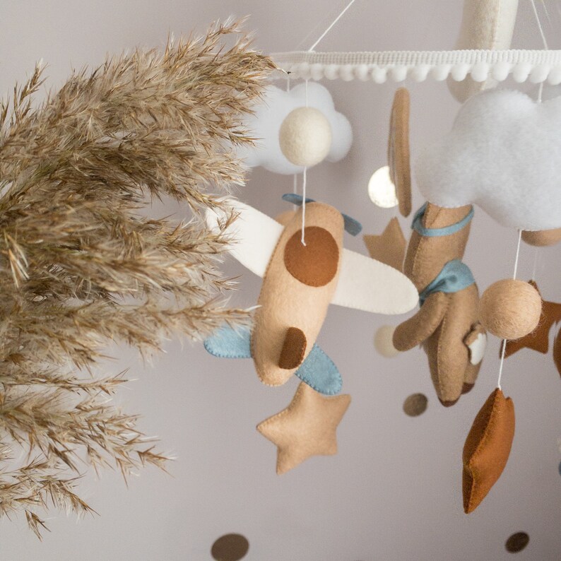 Baby mobile Brown Crib mobile Baby mobile deer Felt mobile Felt bear Baby mobile boy Nursery decor Baby Mobile Brown bear Rainbow Airplane image 3