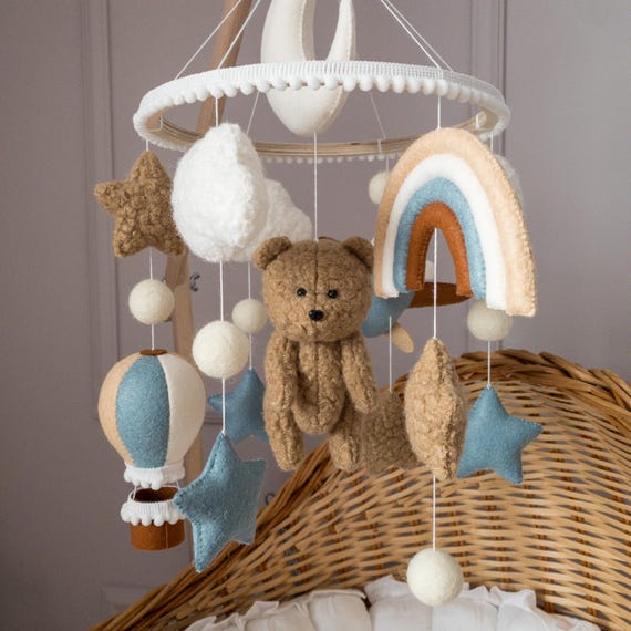 Blue Felt Mobile With Plush Boucle Bear, Teddy Bear Mobile, Flying