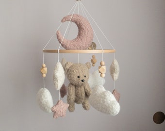 Pink plush mobile with bear for a baby girl's room, Teddy bear baby mobile for girl, Boucle crib mobile for nursery, Newborn baby gift