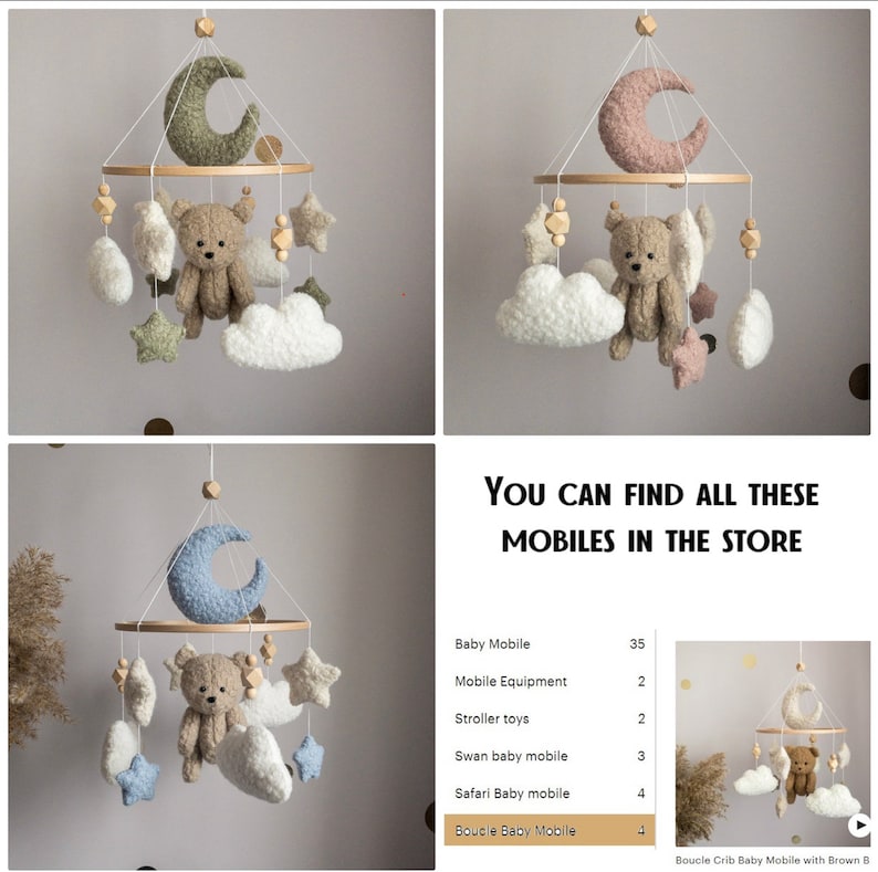 May include: A wooden baby mobile with a crocheted moon, clouds, stars, and a teddy bear. The mobile is hanging from a wooden ring. The text "YOU CAN FIND ALL THESE MOBILES IN THE STORE" is visible at the bottom of the image.
