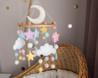 Cloud Moon Stars Baby Mobile, Colorful Nursery Decor