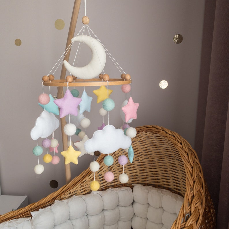 Minimalist Baby Mobile for Girl Сolorful Crib Mobile Wool Balls Mobile Stars and Clouds Mobile image 3