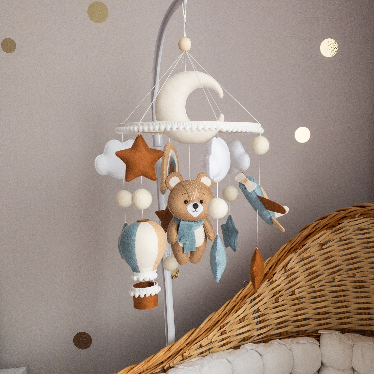 Teddy Bear Baby Mobile Blue Crib Mobile for Boy Felt Bear Crib Mobile