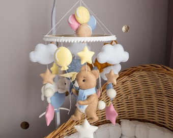 Colorful Girl Crib Baby Mobile Cute Animals Mobile Pink Blue Yellow Nursery decor Baby shower gift Mouse Bunny Bear