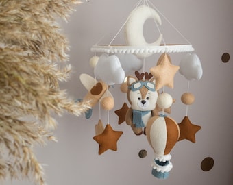 Baby mobile for boy, Brown crib baby mobile, Baby boy nursery mobile, Boy nursery decor, Hanging mobile with deer, Stars felt mobile