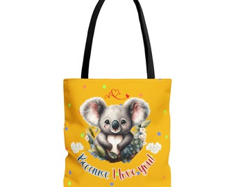 Tote Bag, Beach Bag, Yellow Tote Bag, Weekend Bag for Girl, Personalized beach Bag, Vacation bag for Her, Custom printed bag, Koala Tote Bag