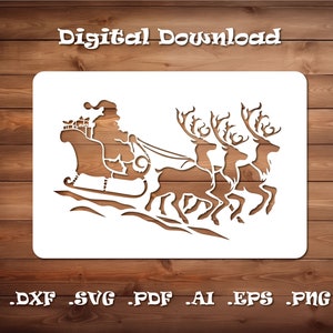 Pode incluir: Silhueta branca do Papai Noel em um trenó puxado por três renas. O trenó está cheio de presentes. A imagem é um download digital e inclui os formatos de arquivo .DXF, .SVG, .PDF, .AI, .EPS e .PNG.