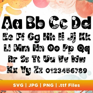 Alfabeto espacial SVG, fonte SVG, números, letras, nave espacial, astronauta, sistema solar, planeta, fonte de aniversário, PNG, meninos, alienígena, fonte, Cricut