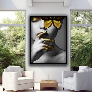 woman with butterfly eyes canvas wall art, gold woman canvas print, modern home decor, ready to hang canvas print