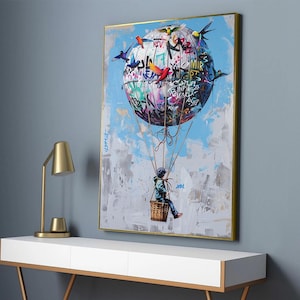 Arte infantil volador de Banksy, diseño de lienzo de arte de pared, lienzo de globo de Banksy, cartel de globo, decoración lista para colgar, arte de pared de Banksy Child