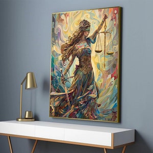 Decorazione da parete su tela della dea della giustizia, regalo per l'avvocato, dea della giustizia, tela della bilancia della giustizia, decorazione da parete per donna, arte su tela pronta per essere appesa
