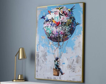 Banksy Flying child Art, Wall Art Canvas Design, Banksy Balloon Canvas, Balloon Poster, Ready to Hang Decoration, Banksy Child wall art