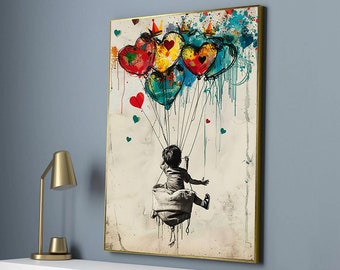 Banksy wall art, Banksy Art, Wall Art Canvas Design, Banksy Balloon Canvas, Balloon Poster, Ready to Hang Decoration, Modern Wall Art