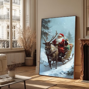 Santa Claus Sleigh Canvas Art - Festive Christmas Wall Decor, Nostalgic Holiday Artwork, Santa and Reindeer Winter Scene Canvas Print