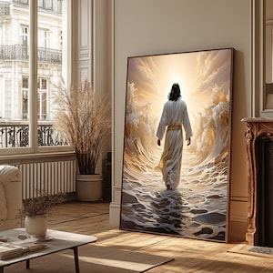 Jesus geht auf die Wasser Leinwand, Spirituelle Wanddekoration, Göttliches Licht Moderne Leinwand Kunst, fertig zum Aufhängen, Christliche Geschenk Leinwand