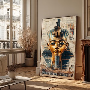 Tutankhamun Gold Mask Canvas Art - Egyptian Pharaoh Wall Decor, Hieroglyphic Mixed Media Historical Painting, Egyptian Pharaoh Wall Art