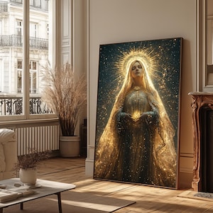 Celestial Divine Feminine Canvas Art - Radiant Gold and Cosmic Blue Spiritual Wall Decor | Mystical Sacred Artwork, Virgin Mary Wall Decor