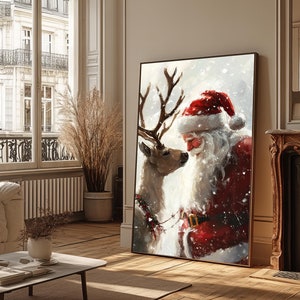 Heartwarming Santa and Reindeer Canvas Art - Festive Christmas Wall Decor, Snowy Holiday Painting, Intimate Winter Scene, Christmas Canvas