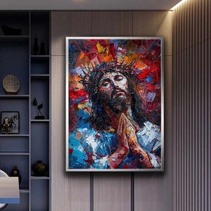 Abstract Colorful Jesus canvas painting, Jesus canvas painting, Praying Jesus canvas painting, Christianity canvas painting, Religious Art