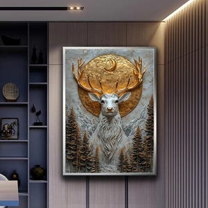 Golden Stag Canvas Print – Celestial Deer Wall Art – Moonlit Forest Fantasy Wall Decor – Luxury Nature Canvas – Mystical Animal Artwork