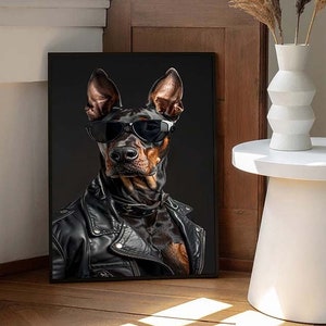 Spectacled Doberman Canvas Print, Happy Dog Modern Wall Art, Stylish Dog Canvas print art, Extra Large Wall Painting, Living Room Decor