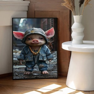 Baby Pig Canvas wall decor, Pig Wearing a Gold Necklace canvas print art, Pig Farm Gift, Modern Farmhouse Decor, Living Room Decor