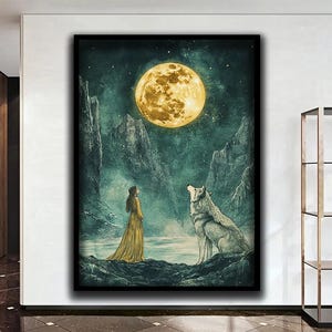 Mysterious Moon Wolf Canvas Print, Fantasy Woman and Wolf Art, Golden Moonlight Wall Decor, Magical Night Landscape, Grey Wolf Modern Canvas
