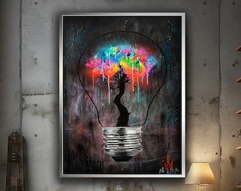 Banksy Light Bulb canvas painting, Light Bulb poster, Wall art Canvas design, Ready-to-hang decoration, graffity canvas print art