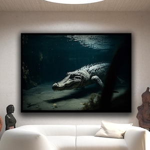 Aquatic Crocodile canvas print art, River Crocodile canvas print ready to hang wall decor, Monster crocodile canvas room decor