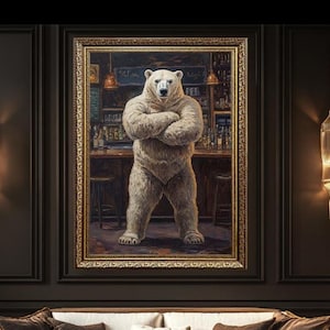 Funny Polar Bear Canvas Art, Standing Bear in Pub Print, Whimsical Animal Wall Decor for Bar, Man Cave or Rustic Bed and Breakfast Interiors