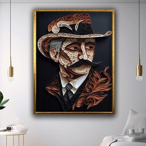 Paper Man canvas home decor, Mustache man canvas print art, man with hat canvas print  ready to hang wall decor, Surreal canvas home decor