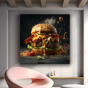 Burger canvas print art ready to hang wall decor, Hamburger art home decor, mixed hamburger paintings gift home decor