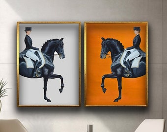 Woman Riding a Horse canvas painting, Woman Jockey canvas painting, Equestrian canvas painting, Woman Riding a Black Horse wall decor