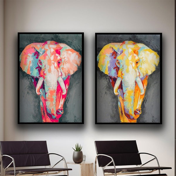 Elephants canvas painting, Yellow Elephant canvas painting, Pink Elephant canvas painting art wall decoration, Elephant Family canvas art