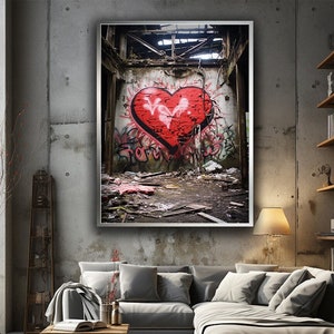 banksy heart canvas wall art, heart canvas art hangable gift home decor, love canvas print art hangable room decor, Valentine&#39;s Day gift