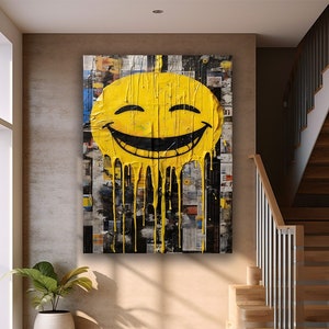 Smiley Face on the wall canvas print home decor, Yellow Smile canvas print art ready to hang wall decor, Paper Smile canvas room decor