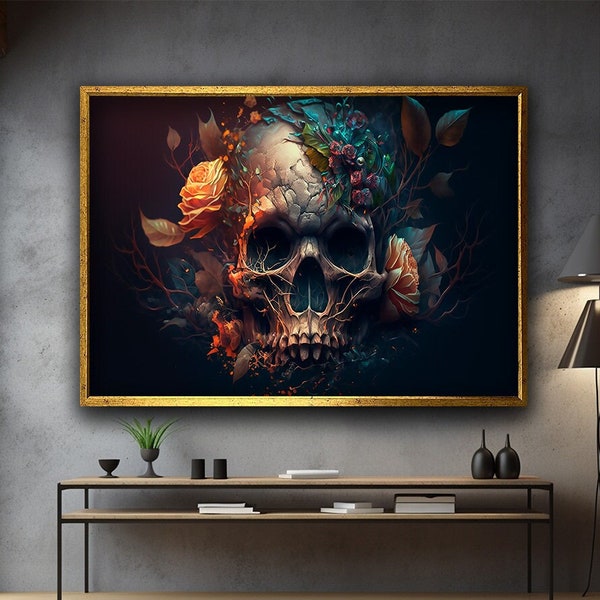 Floral skull canvas print art, Ornate Skull canvas print ready to hang wall decor, Surreal skull canvas print living room decor