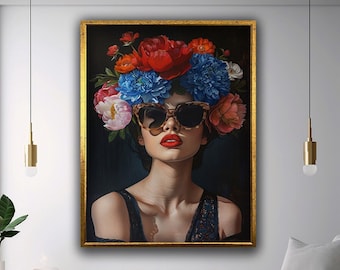 Woman with Rose Head canvas print art, Woman with Colorful Flowers canvas wall decor, Surreal Woman with Glasses canvas print art