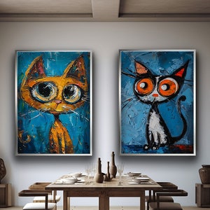 Whimsical Cat Canvas Set – Abstract Colorful Feline Art, Vibrant Textured Paintings, Playful Cat Lover Wall Decor for Home or Office