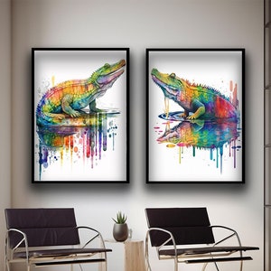 Bunter Alligator Art Duo - Lebendiges Splash Aquarell-Leinwand-Set mit exotischem Wildtier-Thema, perfekt für mutige, moderne Innendekorationen