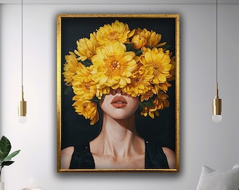 Woman with Yellow Flower Head canvas wall decor, Yellow Floral Makeup canvas print, Surreal Woman canvas print art ready to hang wall decor