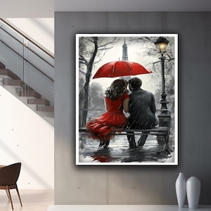 Woman with Red Umbrella canvas print art, Lovers in Paris canvas print wall decor, Couple sitting on bench canvas art, Valentine&#39;s Day Gift