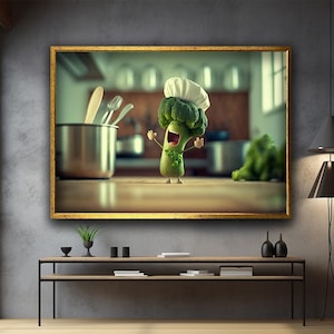 Broccoli in the Kitchen canvas print art, Happy Broccoli canvas print ready to hang wall decor, Broccoli Chef canvas print, Kitchen art