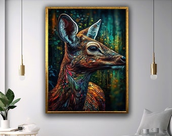 doe canvas print art ready to hang wall decor, colorful deer canvas print art ready to hang gift home decor, animal paintings