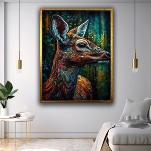 Impresión en lienzo de ciervo lista para colgar, decoración de pared, impresión en lienzo de ciervo colorido lista para colgar, regalo para decoración del hogar, pinturas de animales